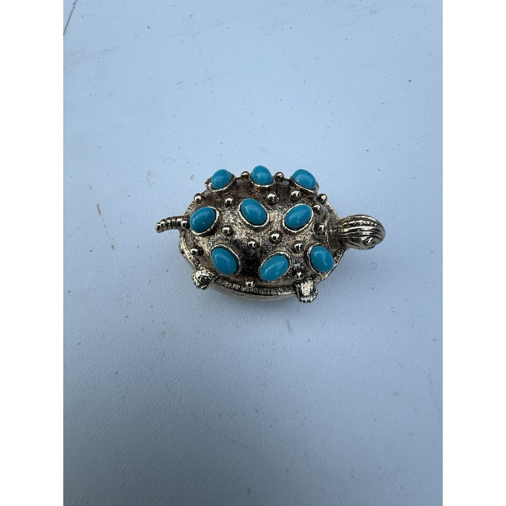 VTG Turtle Pill Box/trinket Box Silver Tone With‎ Faux Turquoise Opens On Hinge